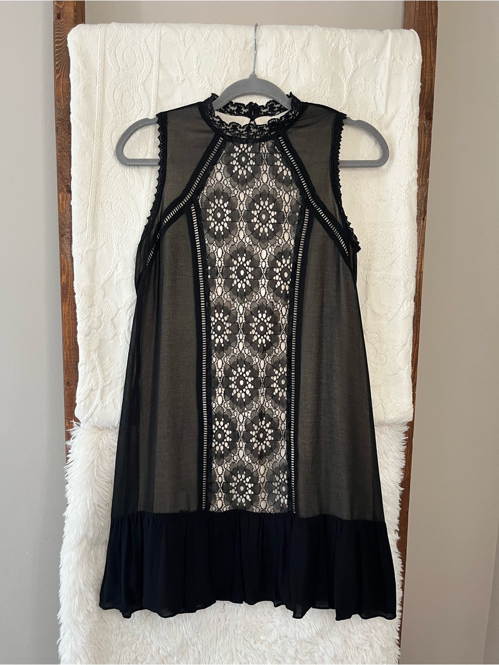 Black Boho Lace Sleeveless Mini Dress - Pieced Crochet Detail